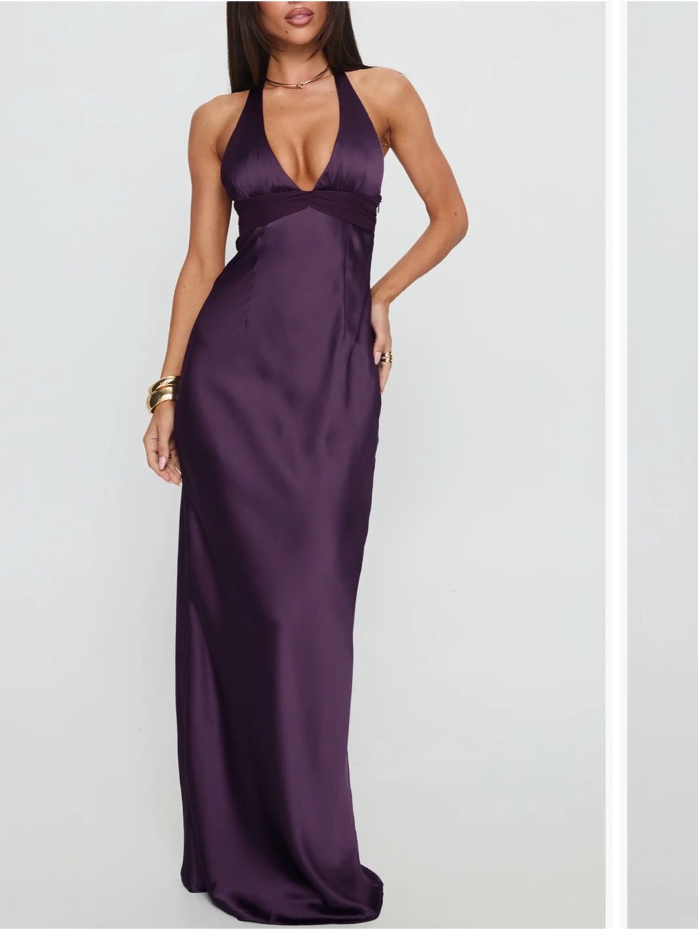 Plunging Halter Satin Evening Gown in Deep Purple